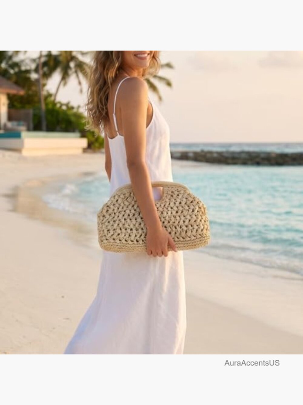 Large Straw Woven Dumpling Clutch Purse, Summer Beach Hobo Tote Bag - Picture 6 of 7